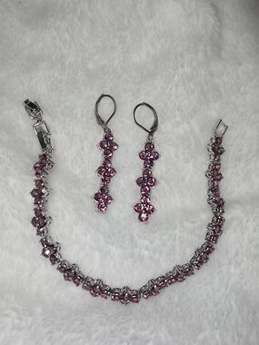 Plum Purple Crystal Bracelet and Drop Earrings Set - Silver Tone